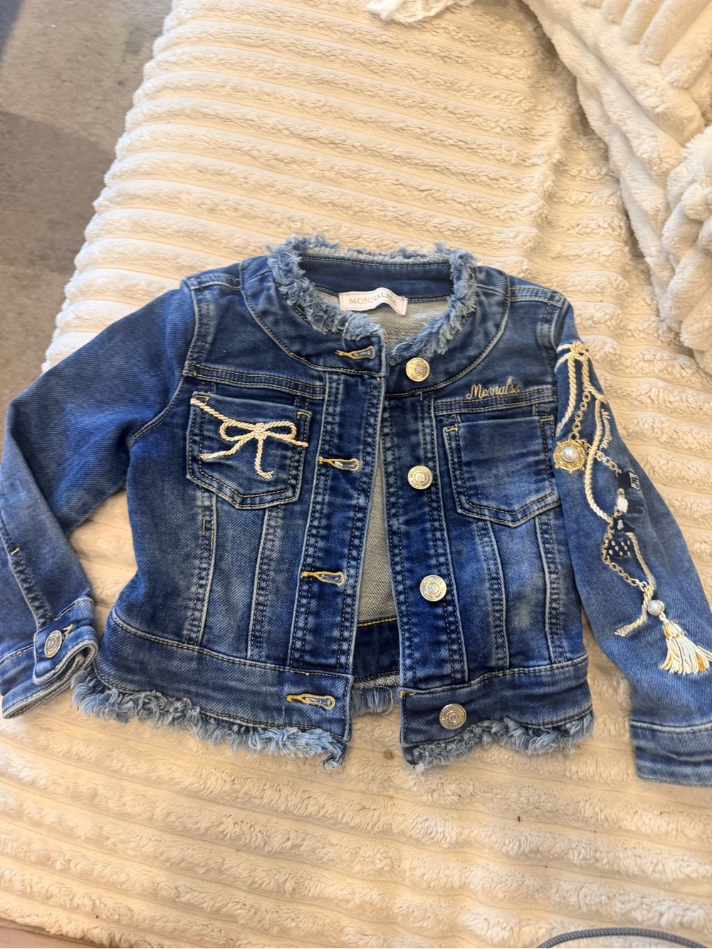MonnaLisa Dark Blue Denim Girls' Jacket with Rope Tassel Embellishment